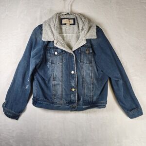 Jade & Ivory Denim Jacket Womens Small‎ Sherpa Collar Button Front Distressed